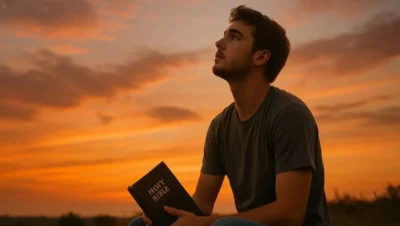 Jovem cristão refletindo com a Bíblia nas mãos ao pôr do sol